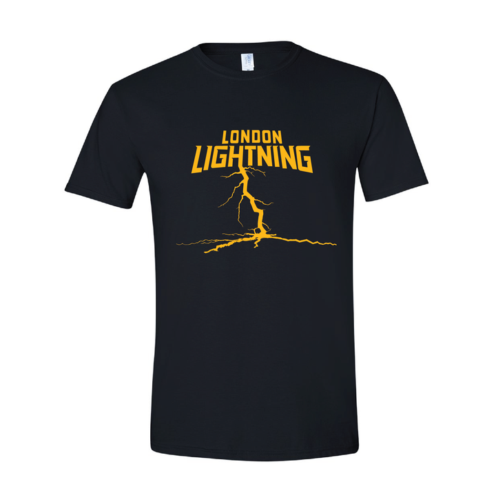 Adult 7.5 oz. Tee Shirt - Lightning Strikes Logo - Gold on Black